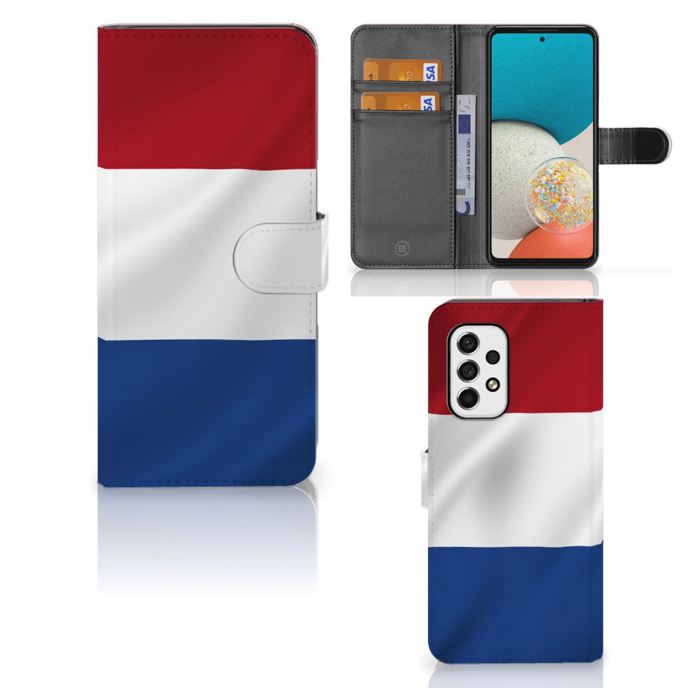 Samsung Galaxy A53 Bookstyle Case Nederlandse Vlag in verschillende hoeken met vakjes voor pasjes.