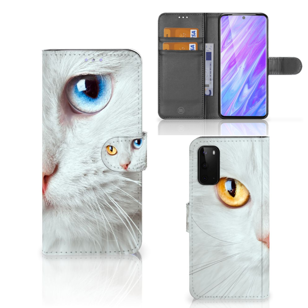 Samsung Galaxy S20 Telefoonhoesje met Pasjes Witte Kat