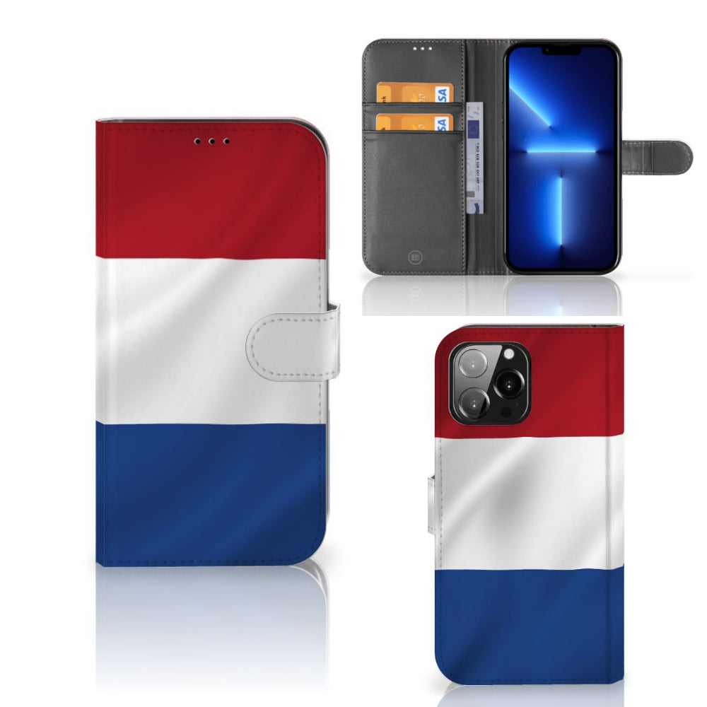 iPhone 13 Pro Max Bookstyle Case Nederlandse Vlag met pasjes en artistiek design van de Nederlandse vlag.