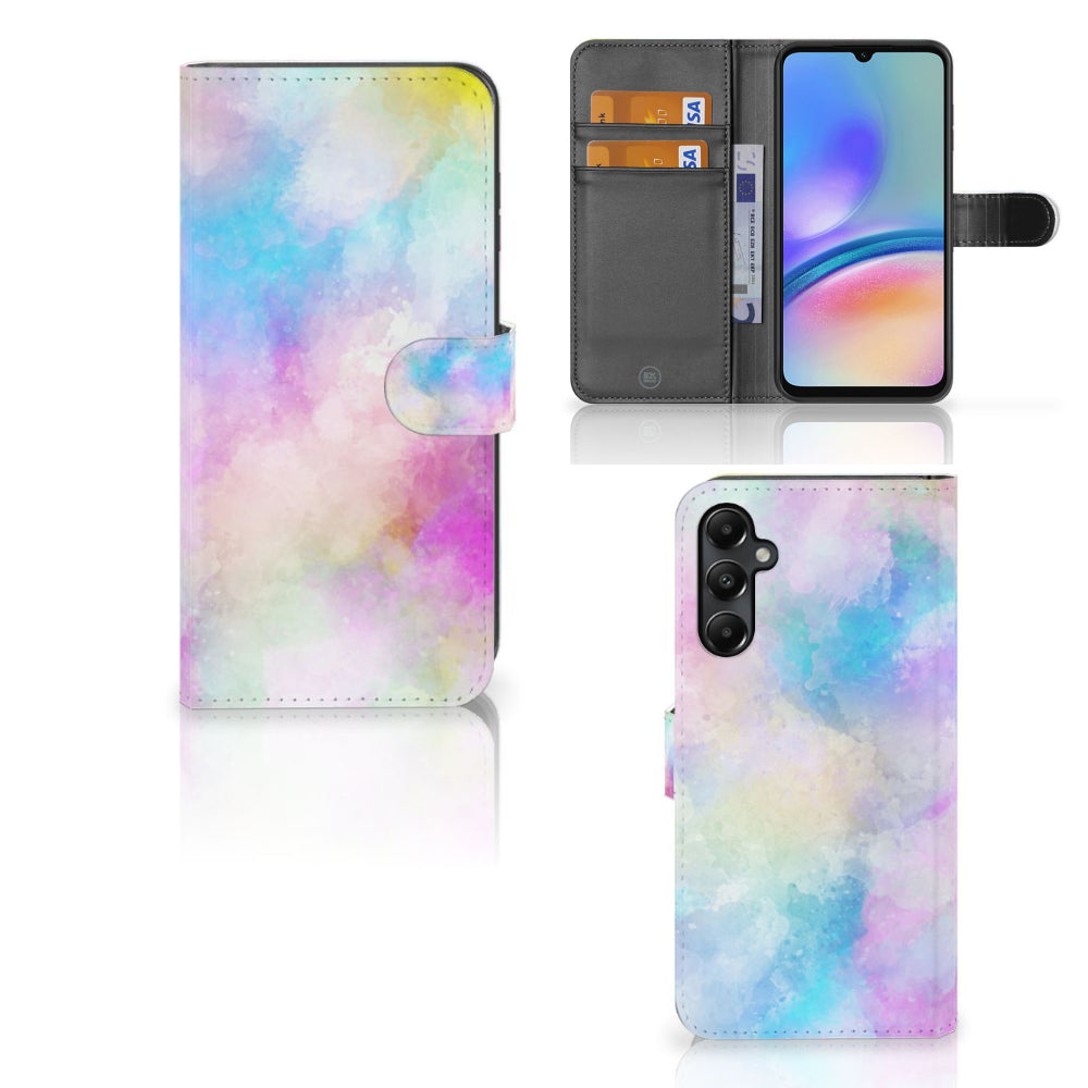 Hoesje Samsung Galaxy A05s Watercolor Light met pasjeshouder en kleurrijk ontwerp in pastelkleuren.