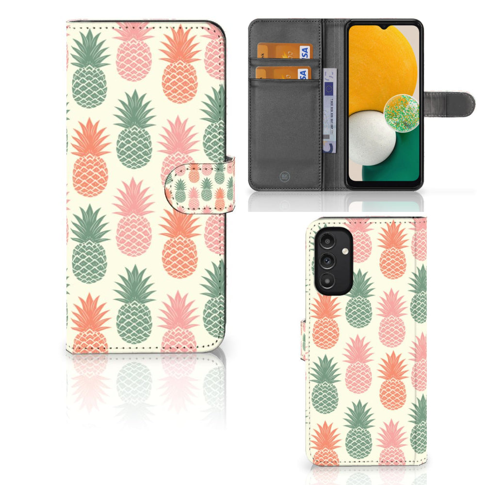 Samsung Galaxy A14 4G Book Cover Ananas met kleurrijke ananasprint en interne pasjeshouder.