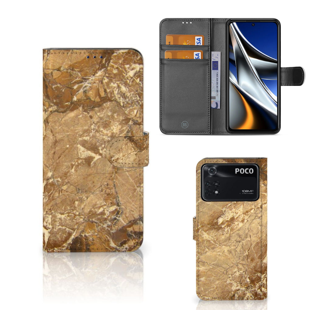 Xiaomi Poco X4 Pro 5G Bookcase Marmer Creme met luxe marmerdesign en pasjeshouder, beschermt jouw telefoon.