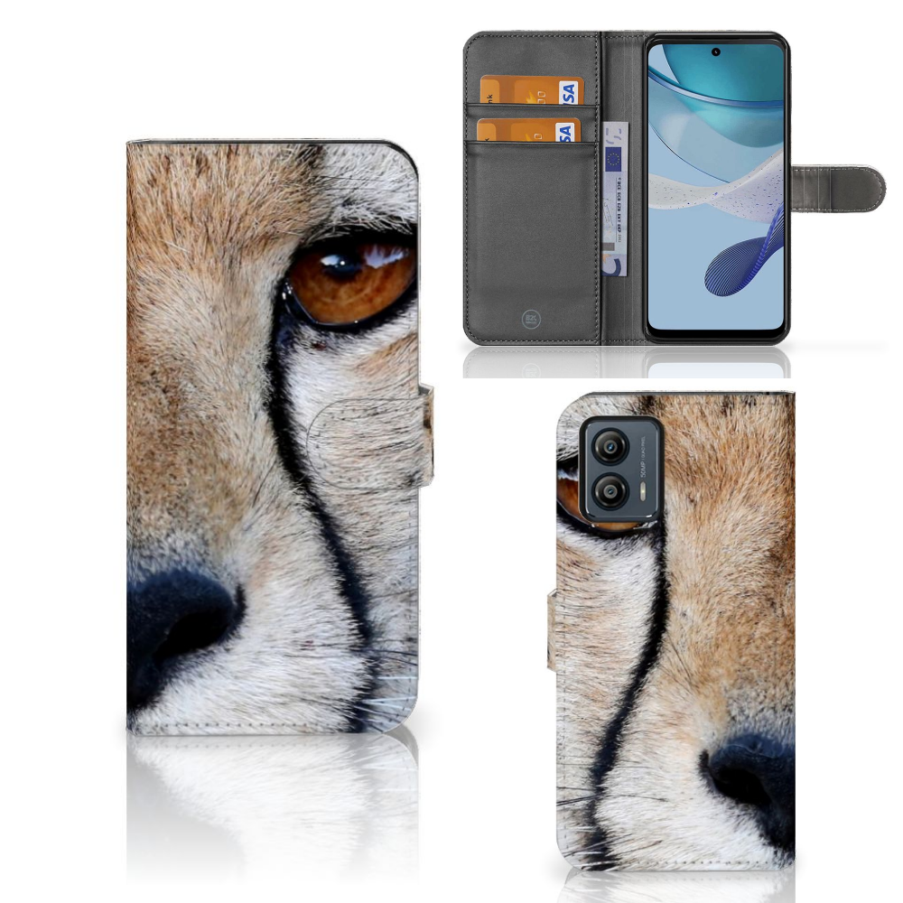 Motorola Moto G53 Telefoonhoesje met Pasjes Cheetah met close-up van cheeta oog en pasjes ruimte.