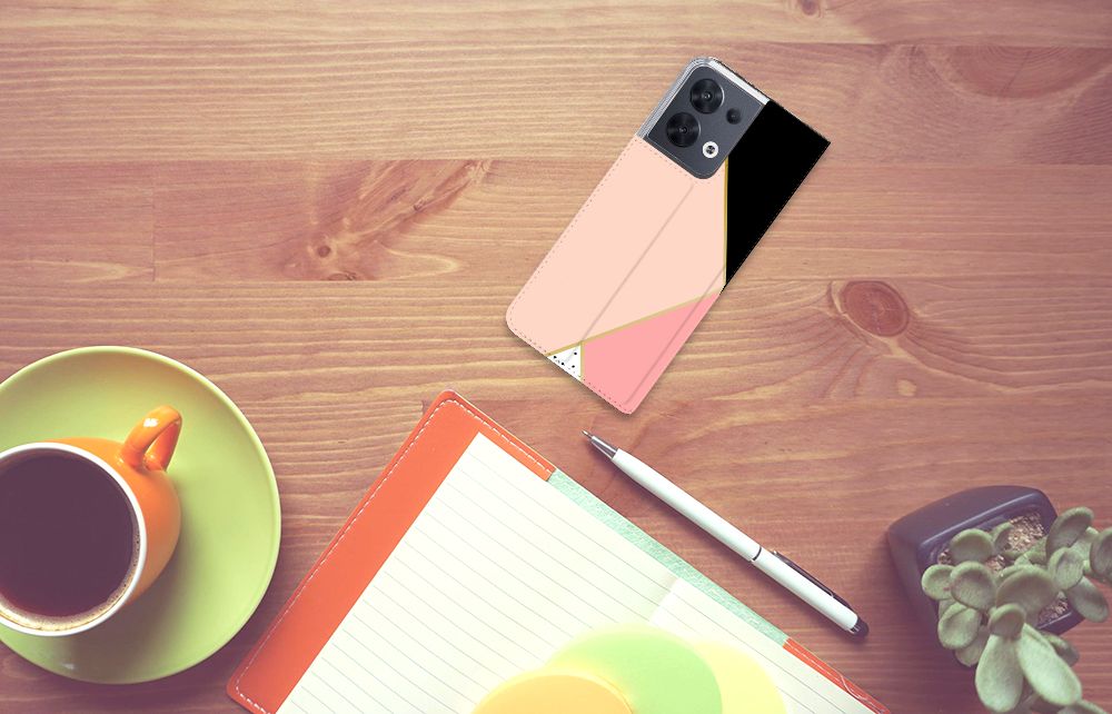 OPPO Reno8 Stand Case Zwart Roze Vormen - B2C Telecom