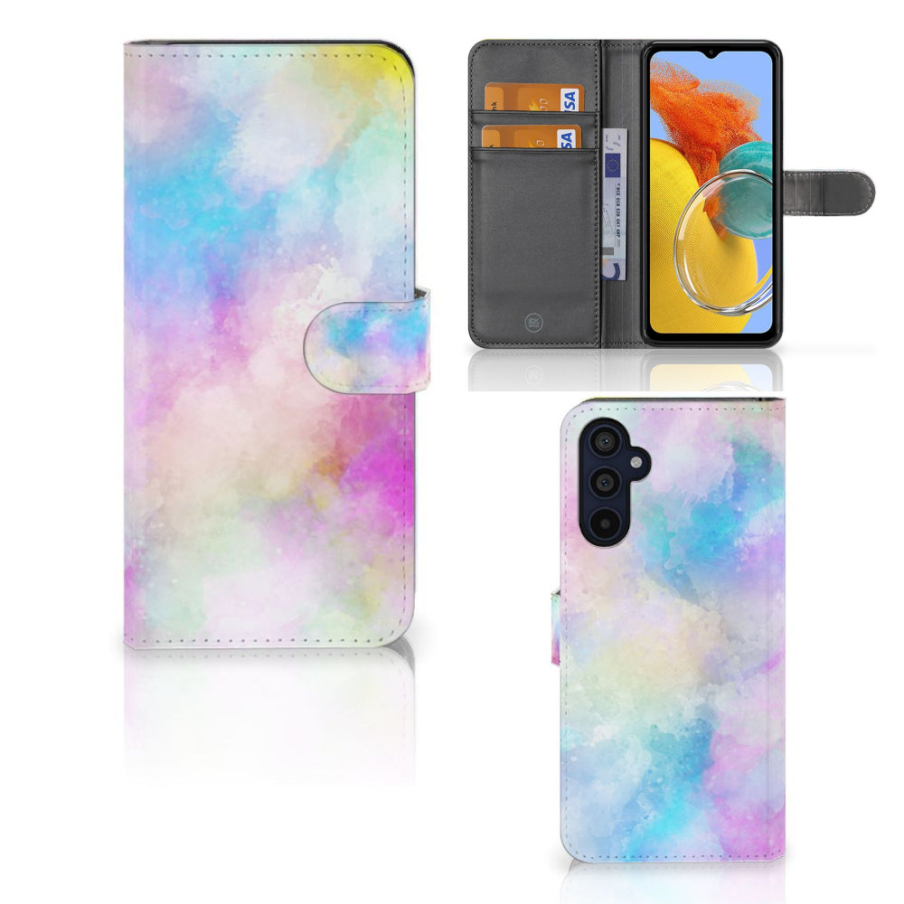 Hoesje Samsung Galaxy M14 Watercolor Light met pasjeshouder en kleurrijk pastelontwerp.