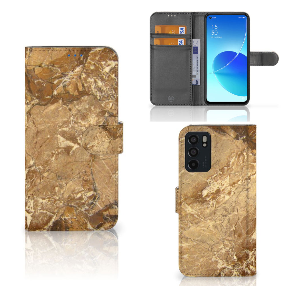 OPPO Reno6 5G Bookcase Marmer Creme luxe telefoonhoes met pasjes en marmerdesign