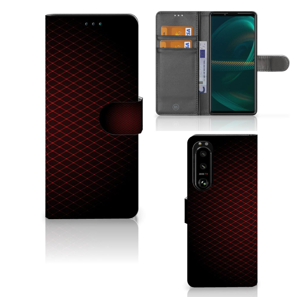 Sony Xperia 5III Telefoon Hoesje Geruit Rood met ruimte voor 3 pasjes en minimalistisch design.