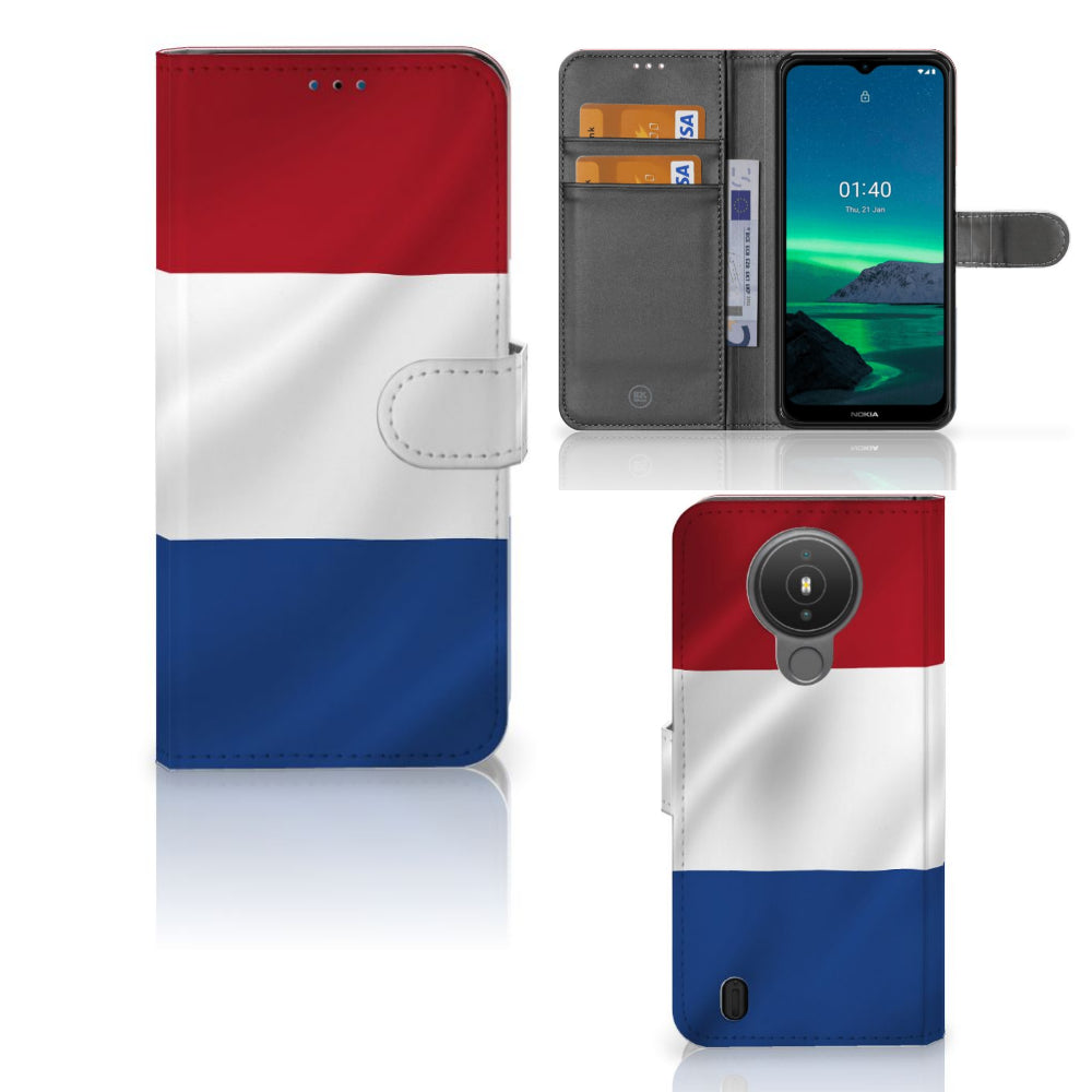Nokia 1.4 Bookstyle Case Nederlandse Vlag met pasjes en artistiek design van de Nederlandse vlag.