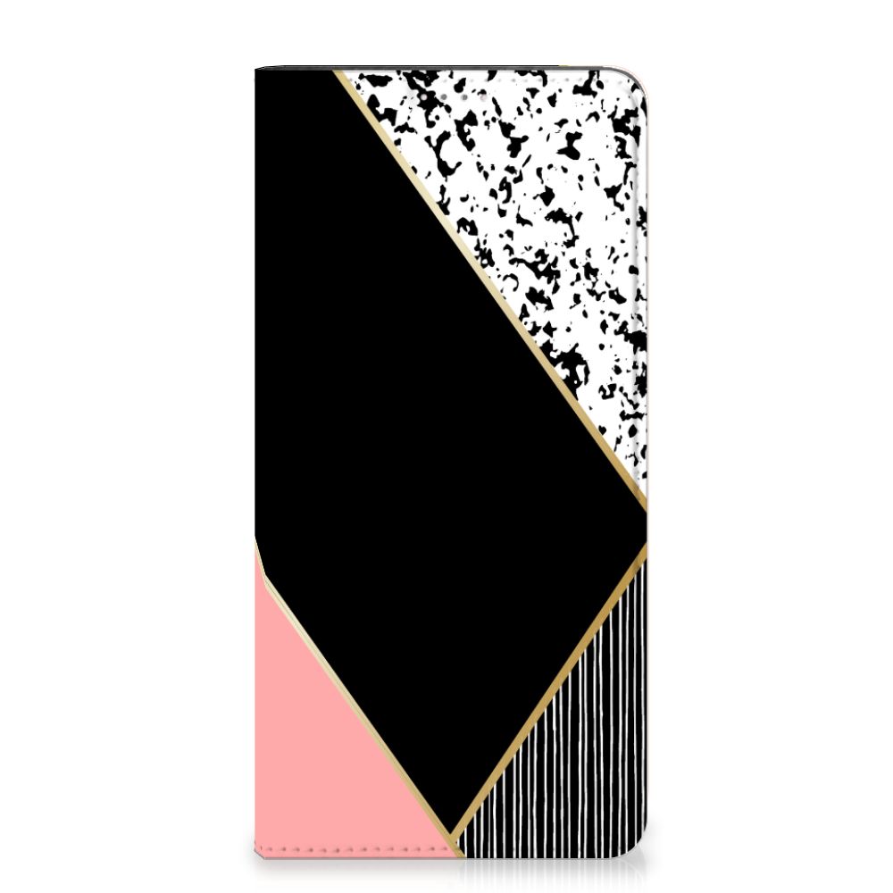 Samsung Galaxy A14 4G Stand Case Zwart Roze Vormen met modern design en geometrische patronen.