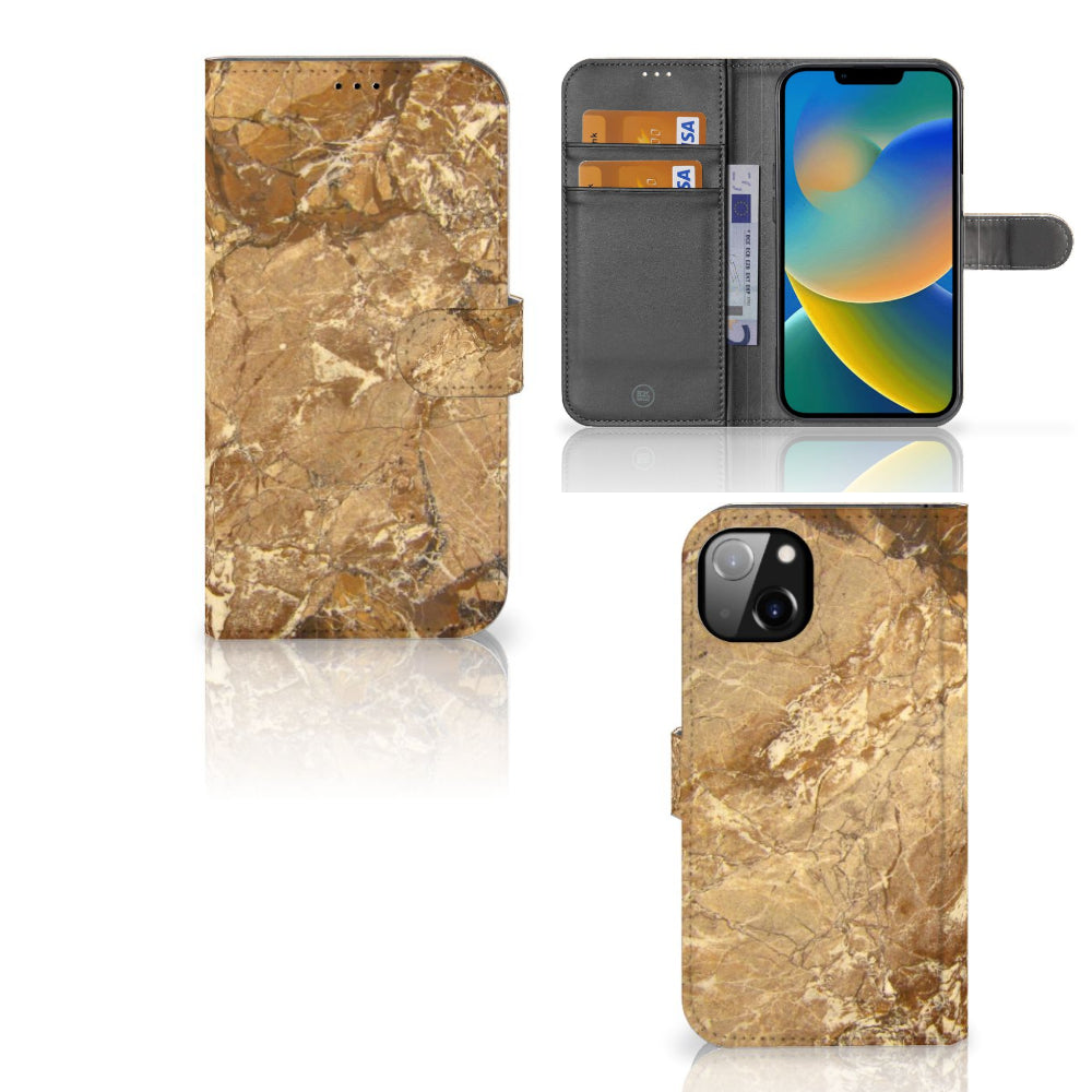 iPhone 14 Plus Bookcase Marmer Creme met pasjes en luxe kunstleder afwerking
