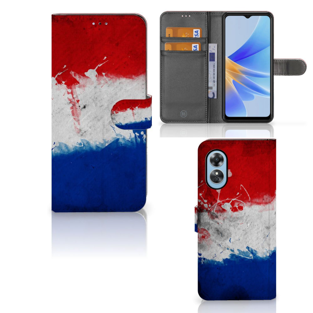 OPPO A17 Bookstyle Case Nederland met artistieke Nederlandse vlag en pasjeshouder.