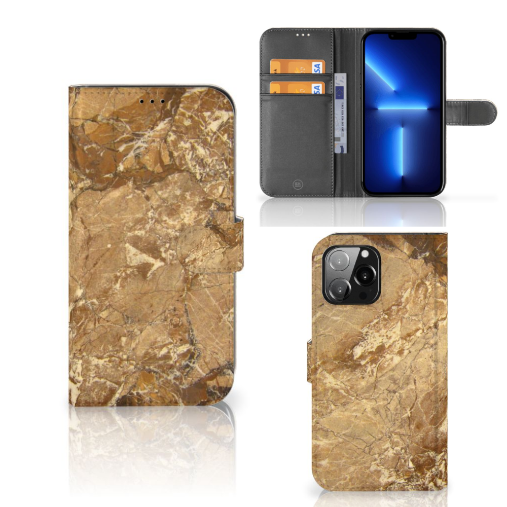 iPhone 13 Pro Max Bookcase Marmer Creme met luxe marmer uiterlijk en pasjeshouder.