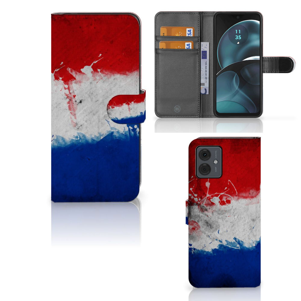 Motorola Moto G14 Bookstyle Case Nederland met design van de Nederlandse vlag en ruimte voor pasjes.