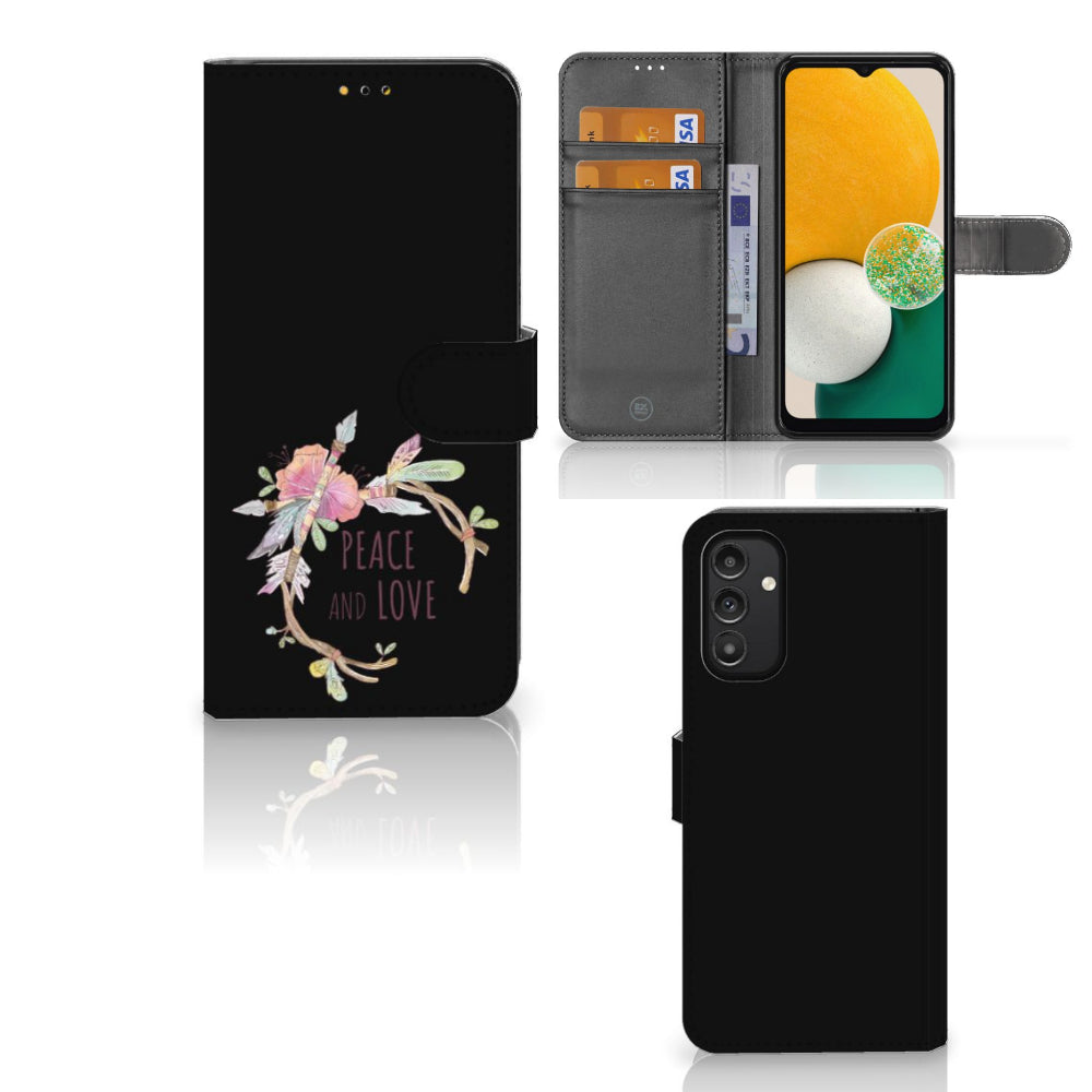 Samsung Galaxy A14 5G Leuk Hoesje Boho Text met design van bloemen en de tekst "Peace and Love".