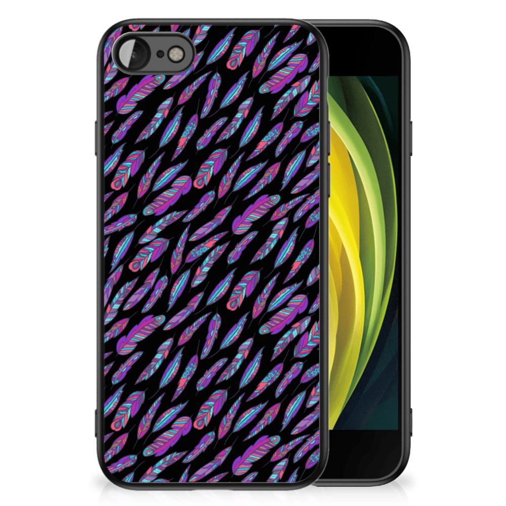 iPhone SE 2022 | SE 2020 | 7/8 Back Case Feathers Color with vibrant feather pattern in purple and blue on black.
