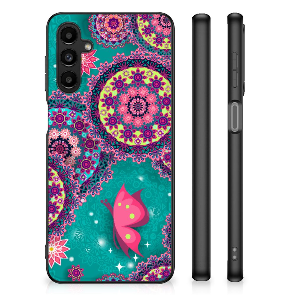 Samsung Galaxy A14 5G Leuk Telefoonhoesje Cirkels en Vlinders met kleurrijk design en zwarte randen