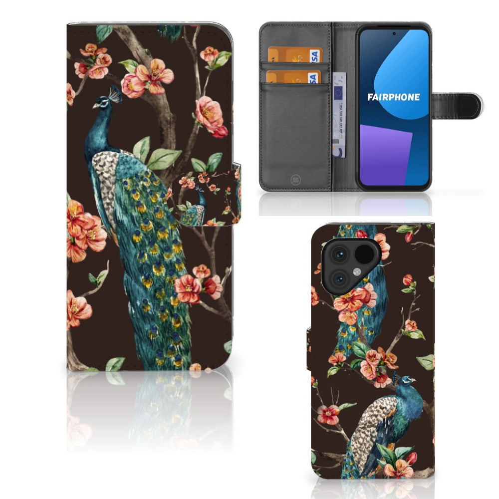 Fairphone 5 Telefoonhoesje met Pasjes Pauw met Bloemen
