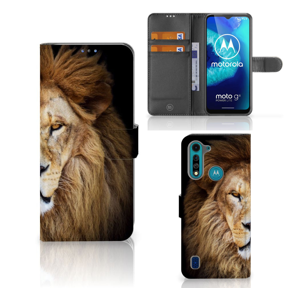 Motorola G8 Power Lite Telefoonhoesje met Pasjes Leeuw