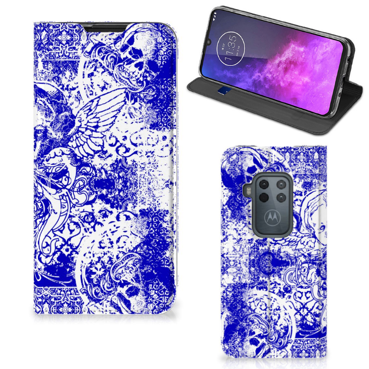 Mobiel BookCase Motorola One Zoom Angel Skull Blauw - B2C Telecom