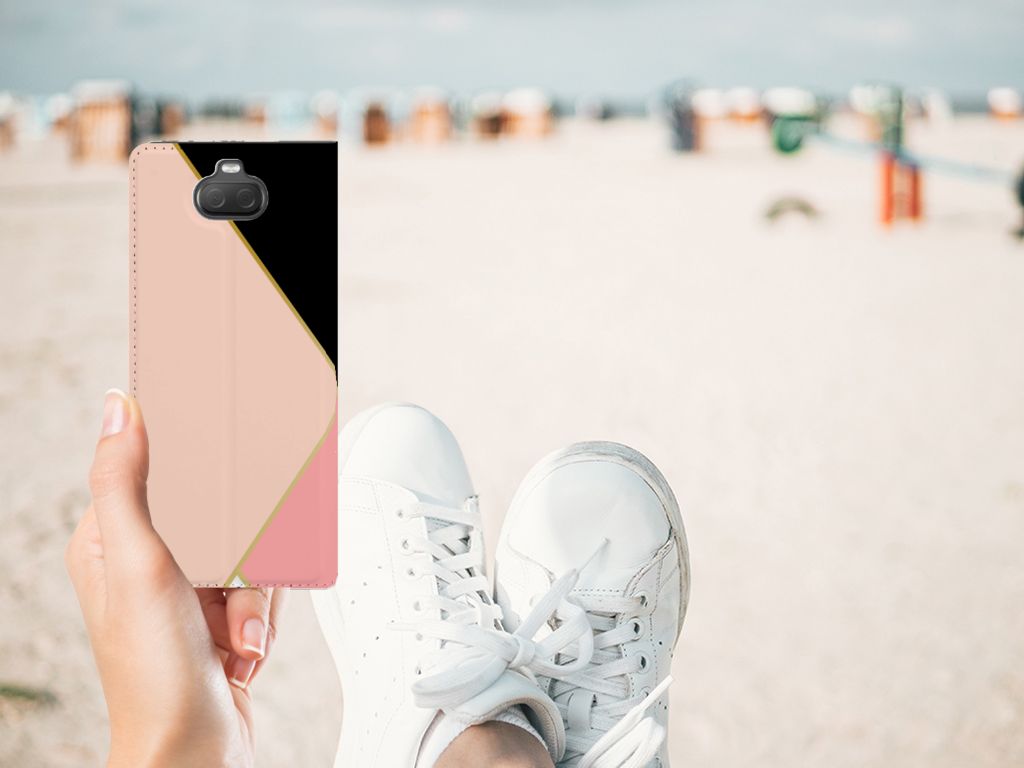 Sony Xperia 10 Stand Case Zwart Roze Vormen