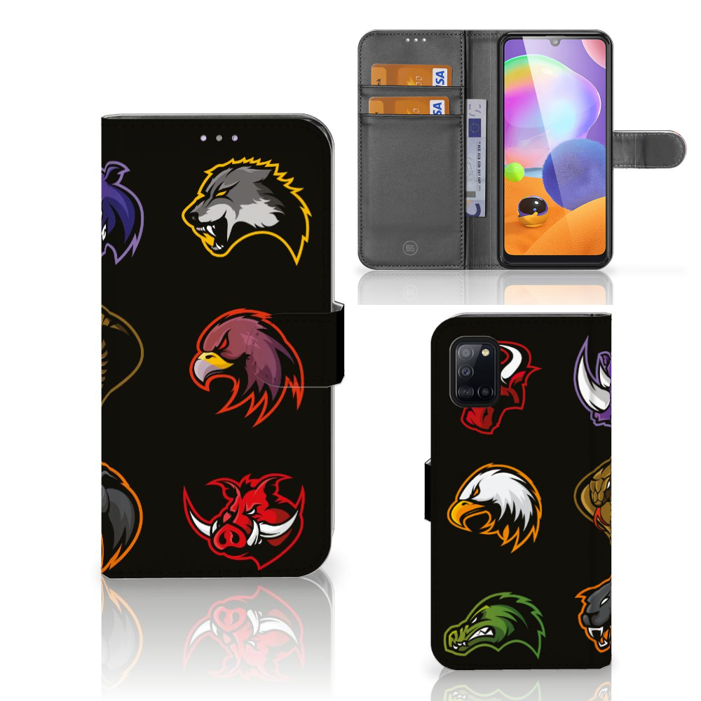 Samsung Galaxy A31 Leuk Hoesje Cartoon met kleurrijke dierenlogo's op een zwarte achtergrond.