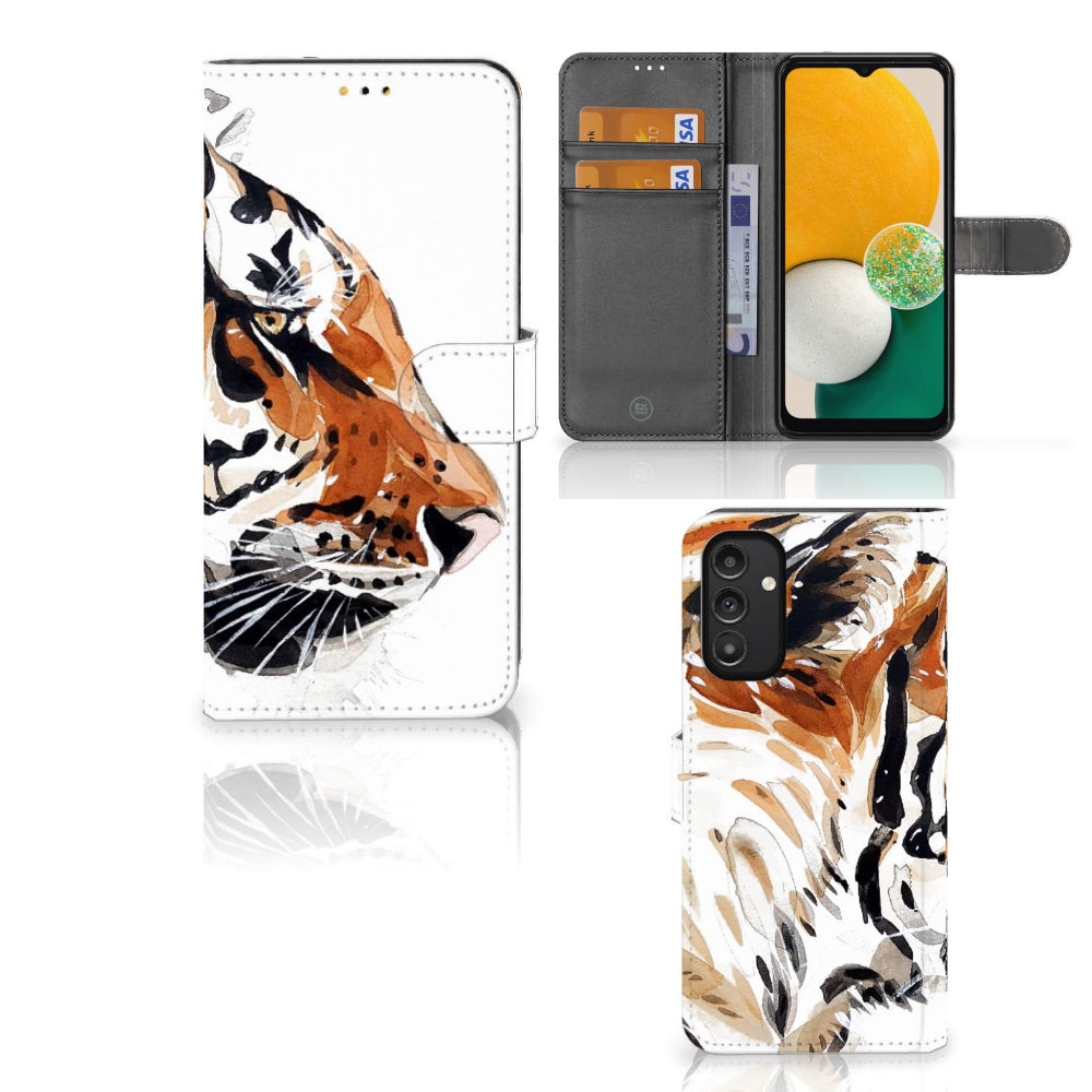 Hoesje Samsung Galaxy A14 5G Watercolor Tiger met abstract tijgerdesign en magnetische sluiting.