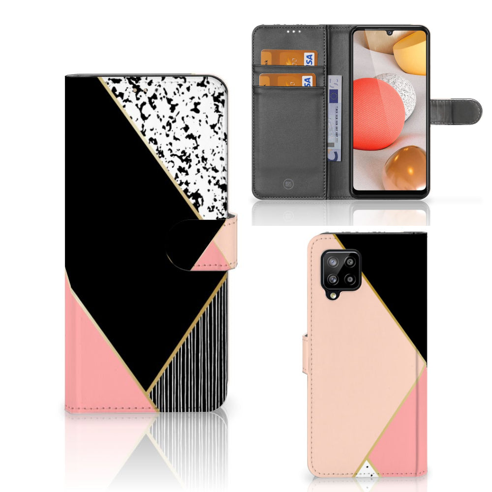 Samsung Galaxy A42 5G Book Case Zwart Roze Vormen