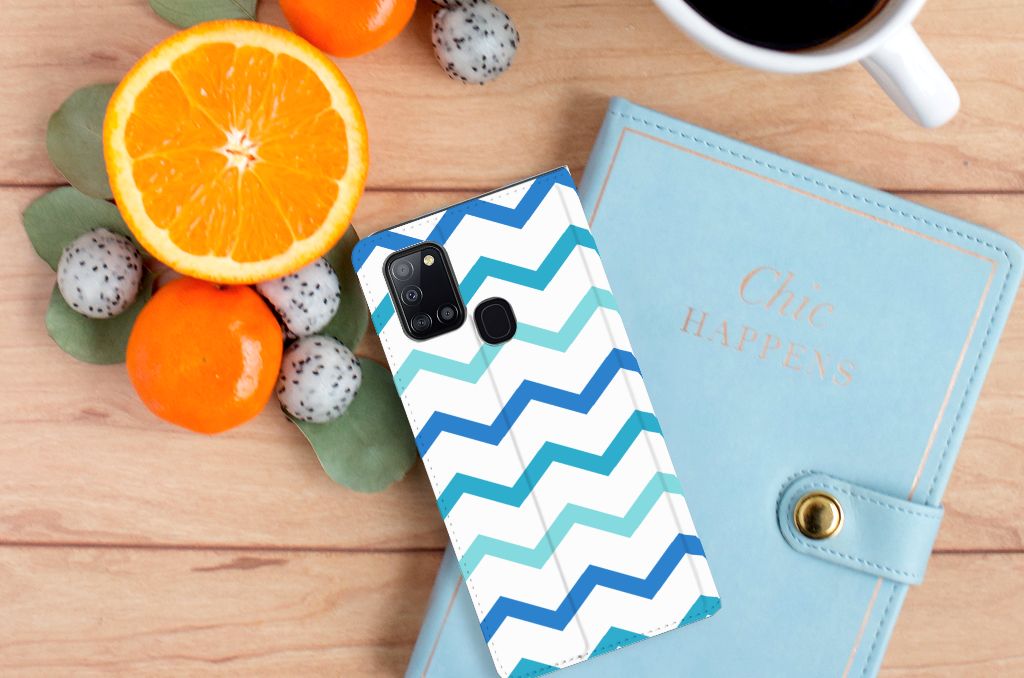 Samsung Galaxy A21s Hoesje met Magneet Zigzag Blauw - B2C Telecom