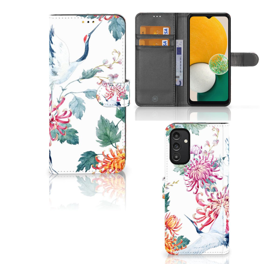 Samsung Galaxy A14 5G Telefoonhoesje met Pasjes Bird Flowers met kleurrijke ooievaars en bloemmotief.