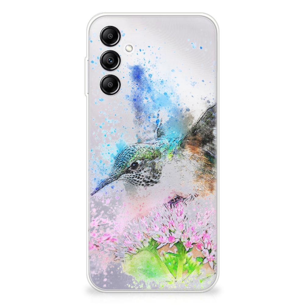 Hoesje maken Samsung Galaxy A14 5G Vogel met kleurrijk vogelontwerp en bloemen op de achtergrond.