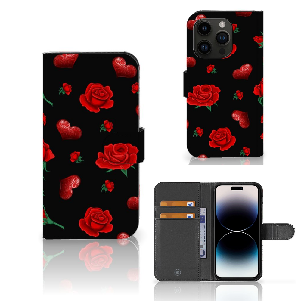 iPhone 15 Pro Leuk Hoesje Valentine met rozen en hartjes op een zwart achtergrond.