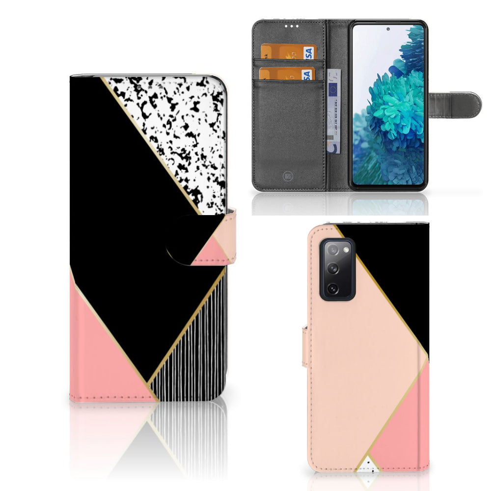 Samsung Galaxy S20 FE Book Case Zwart Roze Vormen