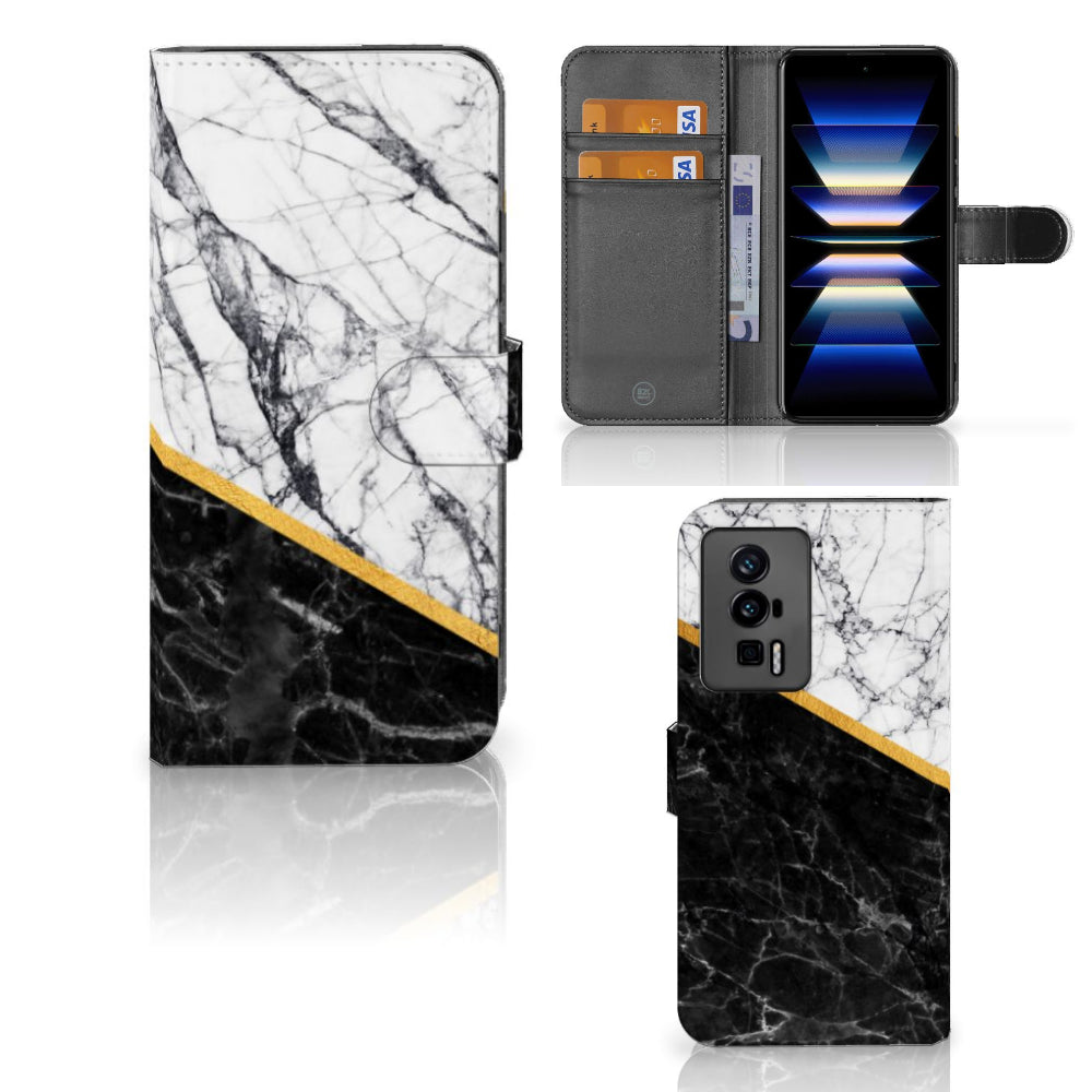 Xiaomi Poco F5 Pro Bookcase Marmer Wit Zwart - Origineel Cadeau Man