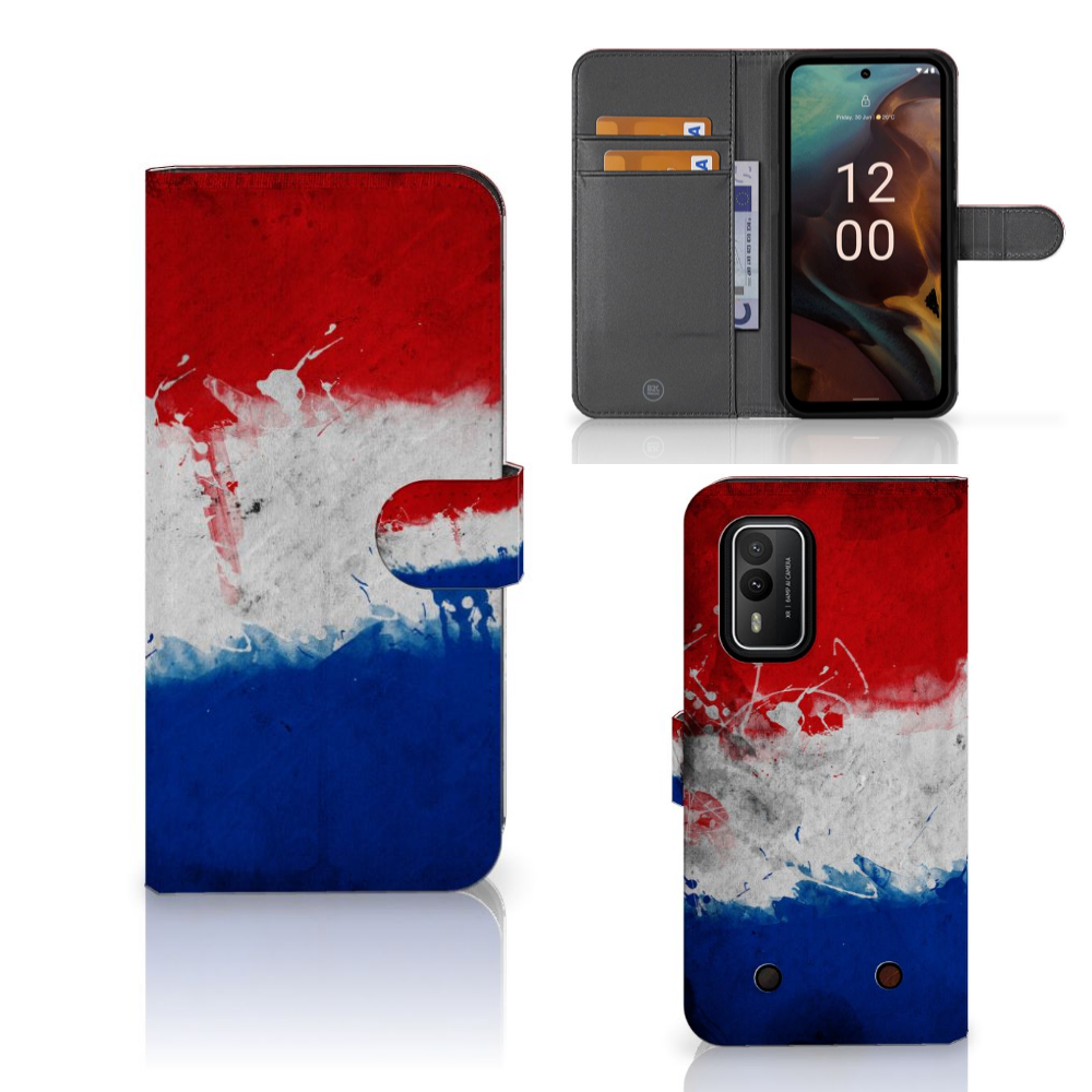 Nokia XR21 Bookstyle Case Nederland met artistiek ontwerp van de Nederlandse vlag, geschikt voor trots op Nederland.