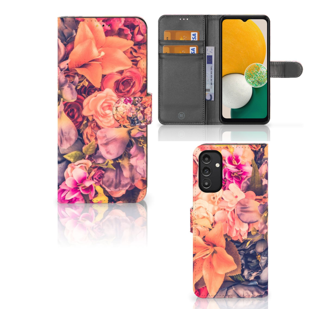 Samsung Galaxy A14 5G Hoesje Bosje Bloemen met ruimte voor pasjes en kleurrijke bloemenprint.