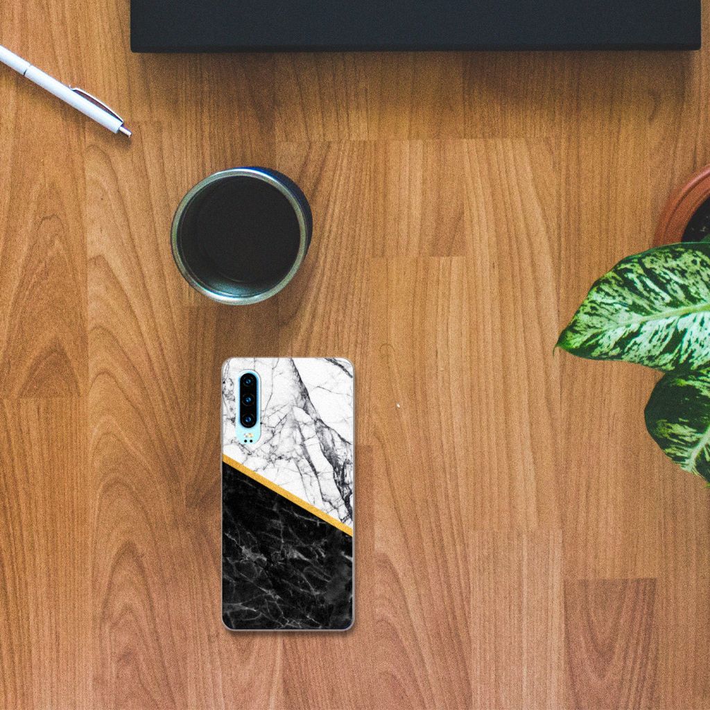 Huawei P30 TPU Siliconen Hoesje Marmer Wit Zwart - Origineel Cadeau Man