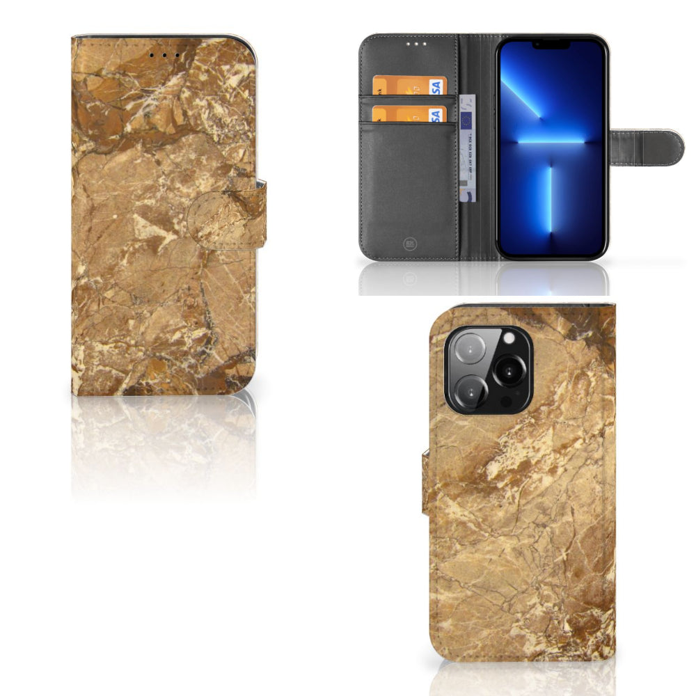 iPhone 13 Pro Bookcase Marmer Creme met pasjes en TPU-siliconen voor optimale bescherming en luxe uitstraling.