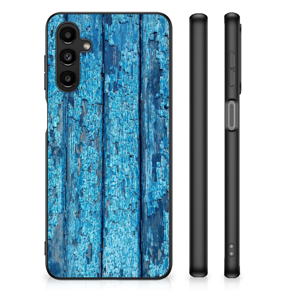 Samsung Galaxy A14 5G Houten Print Telefoonhoesje Wood Blue met blauw houten print design
