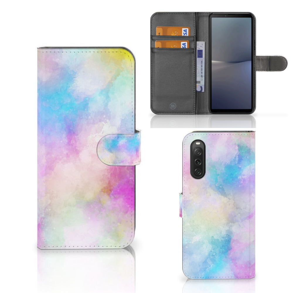 Hoesje Sony Xperia 10 V Watercolor Light met pasjeshouder en kleurrijk pastel design.