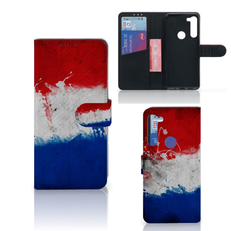 Motorola G8 Power Bookstyle Case Nederland met artistiek ontwerp van de Nederlandse vlag en pasjeshouder.