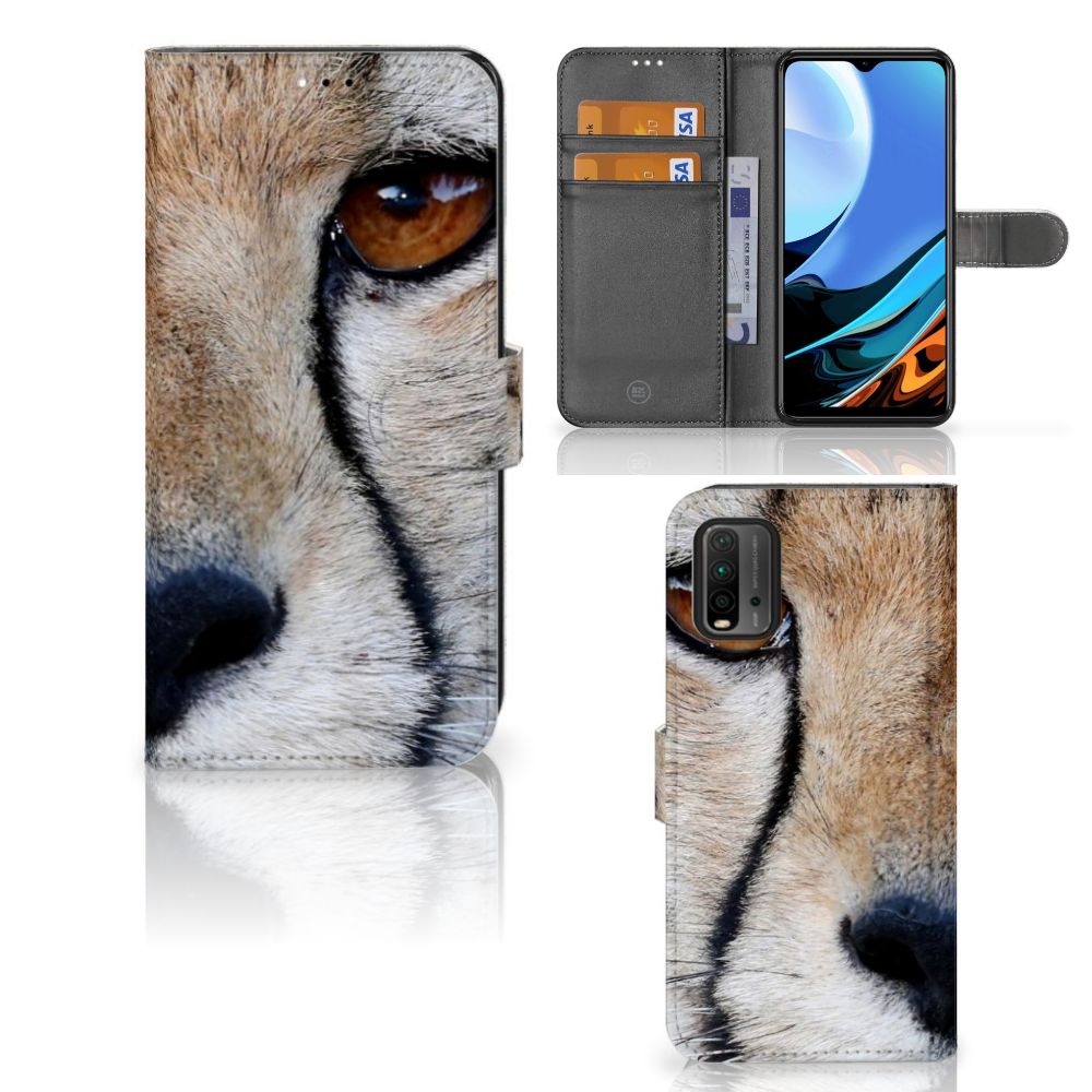Xiaomi Redmi 9T | Poco M3 Telefoonhoesje met Pasjes Cheetah met cheeta close-up en pasjesruimte