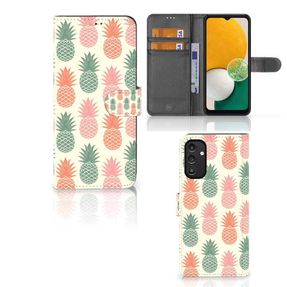 Samsung Galaxy A14 5G Book Cover Ananas met vrolijke ananasprint in roze, rood en groen