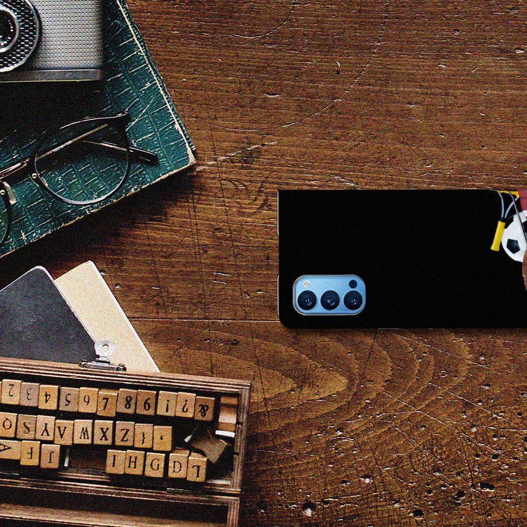 OPPO Reno4 Pro 5G Hippe Standcase Sports on a wooden table with a camera and glasses