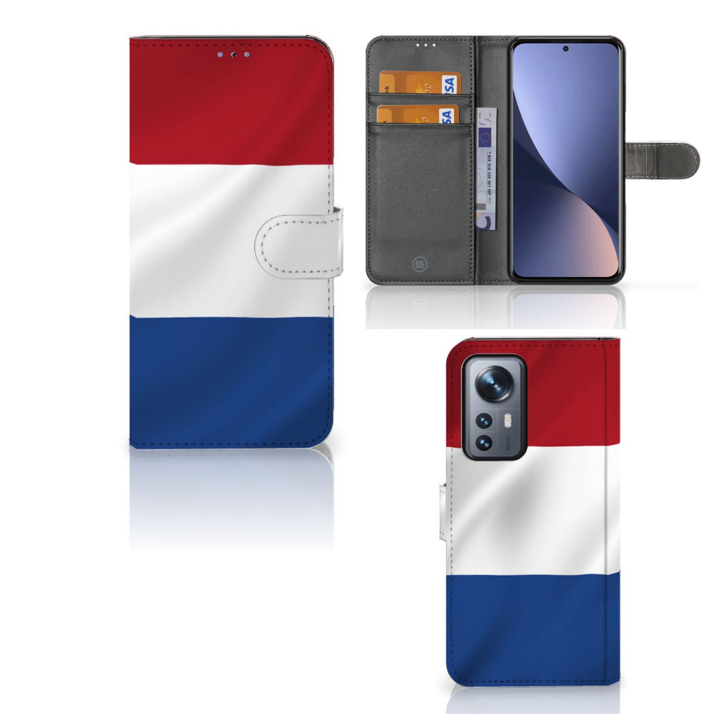 Xiaomi 12 Pro Bookstyle Case Nederlandse Vlag met pasjes en artistiek design van de Nederlandse vlag