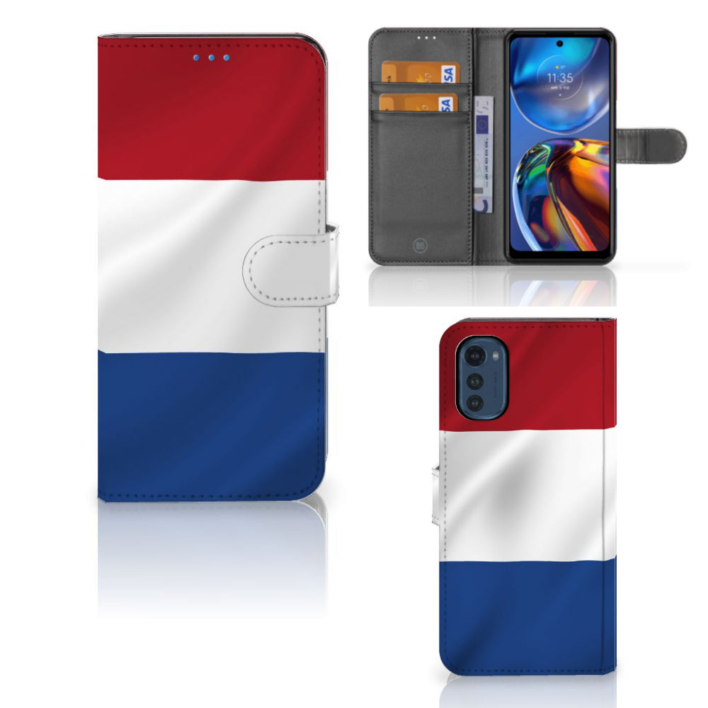 Motorola Moto E32 | Moto E32s Bookstyle Case Nederlandse Vlag met artistiek ontwerp van de Nederlandse vlag.