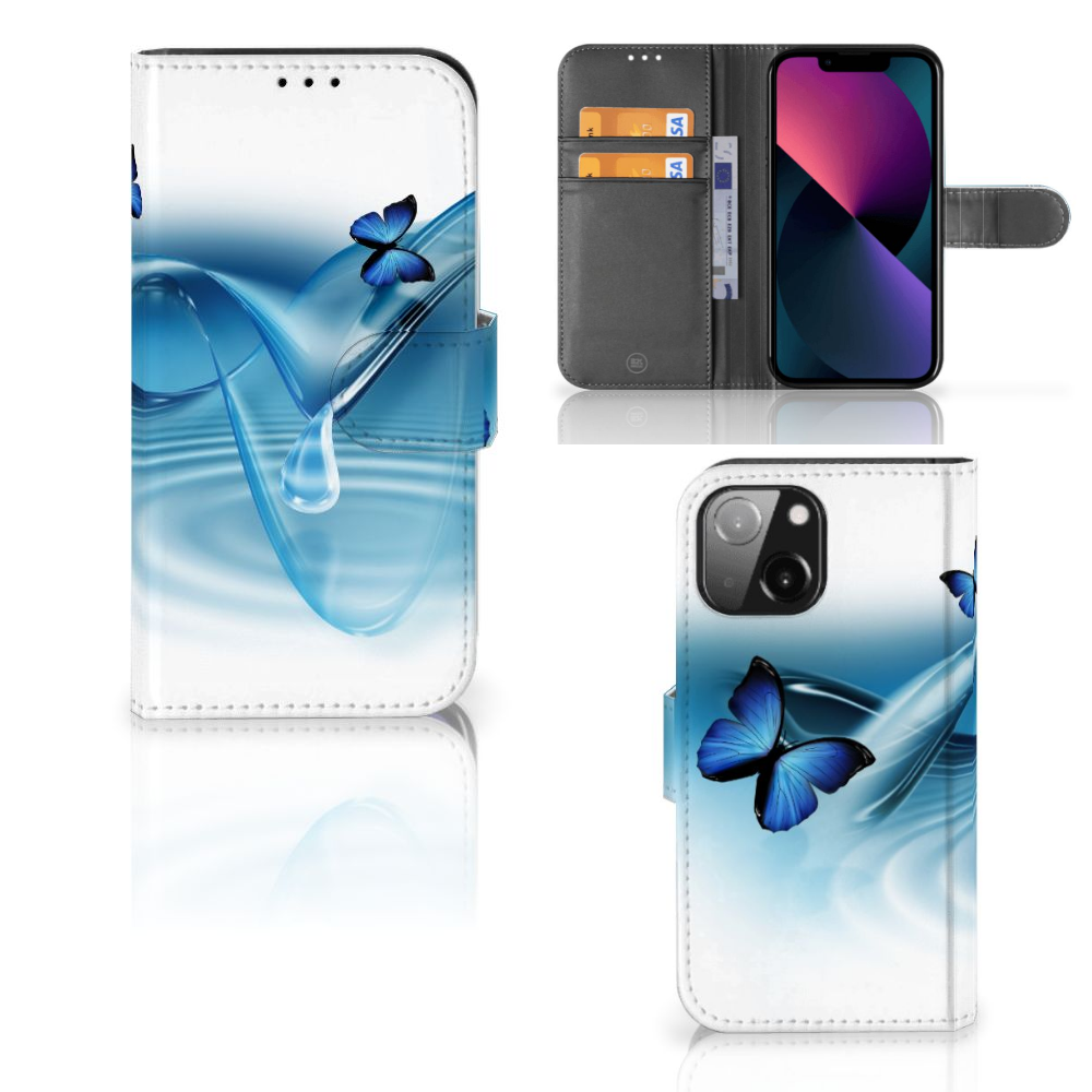 iPhone 13 Mini Telefoonhoesje met Pasjes Vlinders - bookstyle case met blauwe vlinders en golven.