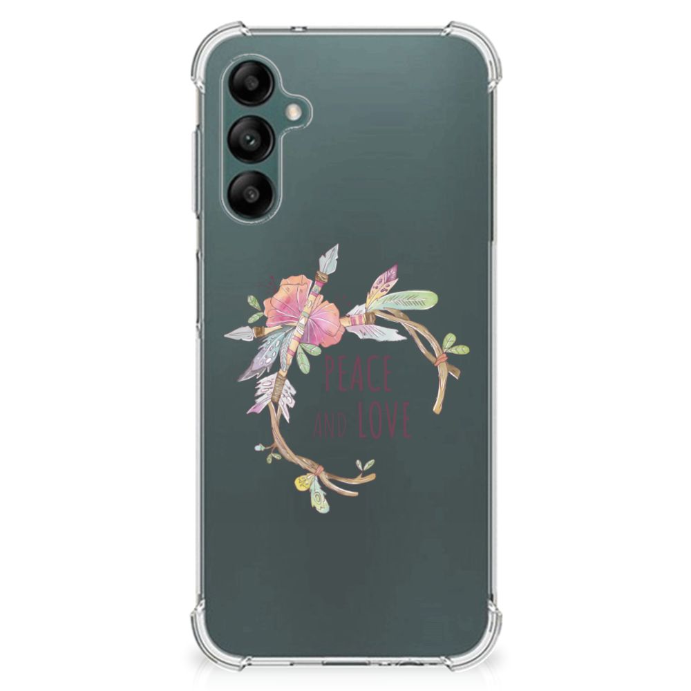 Samsung Galaxy A14 5G/4G Stevig Bumper Hoesje Boho Text met bloemen en de tekst 'Peace and Love'.