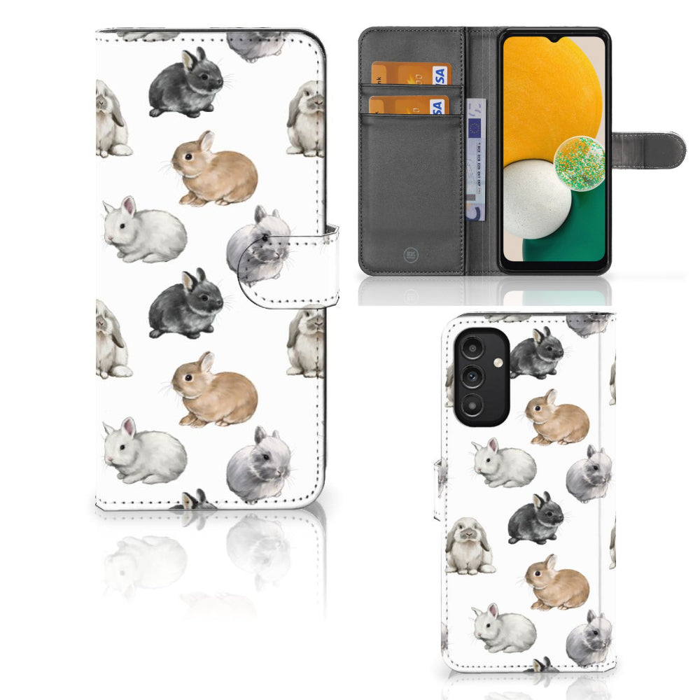 Telefoonhoesje met Pasjes voor Samsung Galaxy A14 4G Konijntjes met schattige konijnenprint op wit