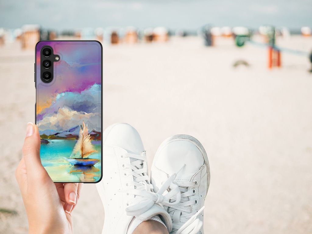 Kleurrijke Telefoonhoesje Samsung Galaxy A14 5G Boat met watercolor design op een strand.