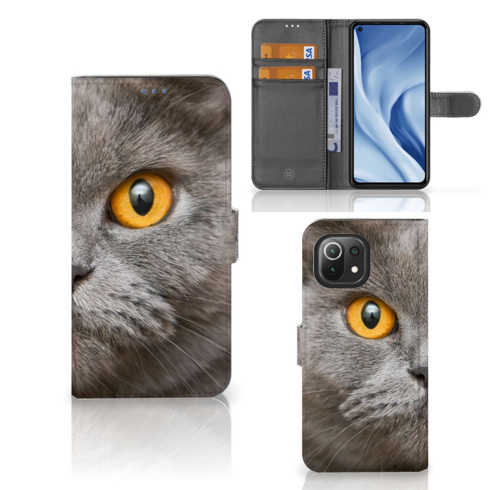 Telefoonhoesje met Pasjes Xiaomi 11 Lite 5G NE | Mi 11 Lite Britse Korthaar met kat en oranje ogen